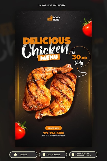 PSD delicioso menú de pollo plantilla de historia de instagram y facebook