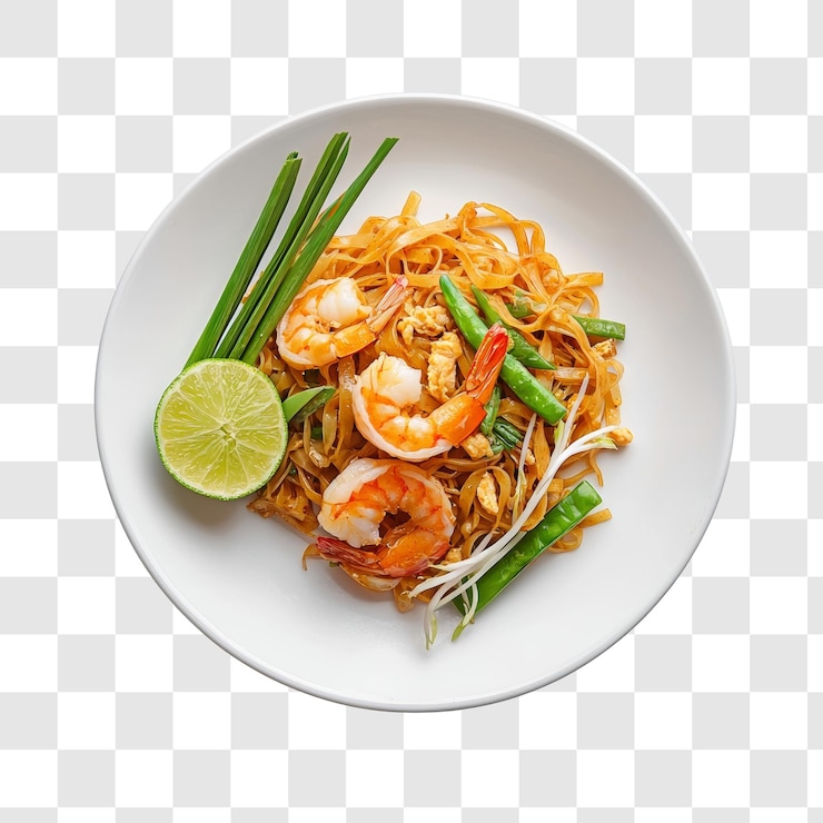 PSD delicioso pad thai de camarón con rebanada de lima fresca