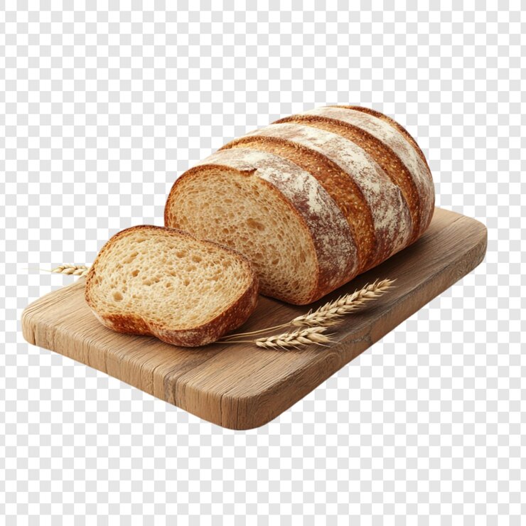 PSD delicioso pan crujiente en rodajas en tabla de madera gachas de trigo panadería rústica horneado fresco marrón dorado apetitoso