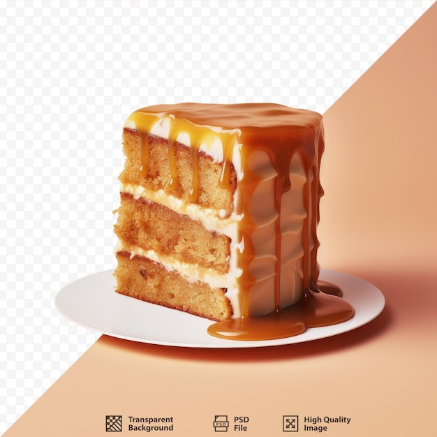 Un delicioso pastel de caramelo expuesto sobre un fondo transparente