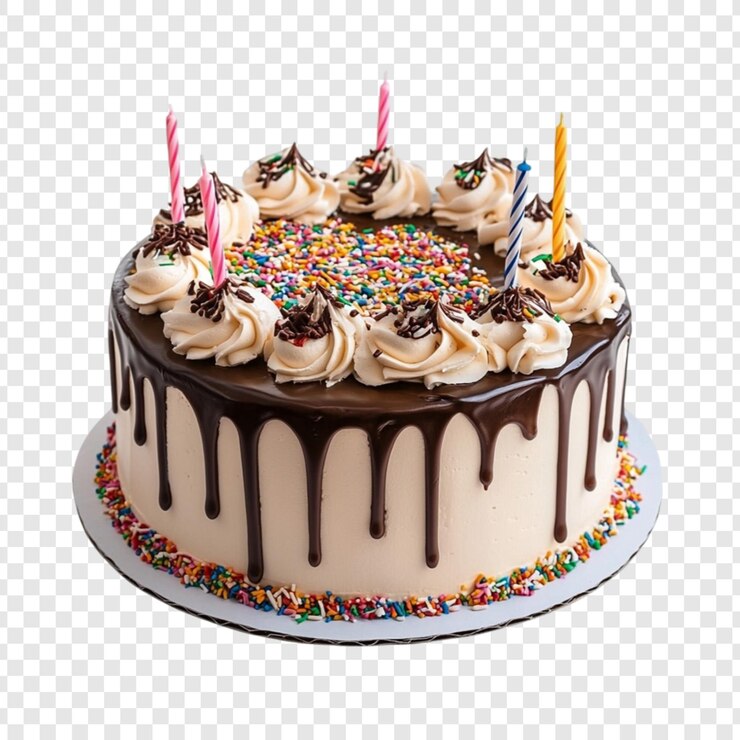PSD delicioso pastel de cumpleaños con chocolate y salpicaduras