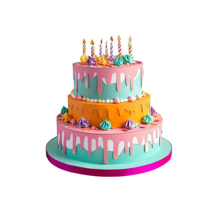 PSD delicioso pastel de cumpleaños de tres niveles con glaseado y velas de colores