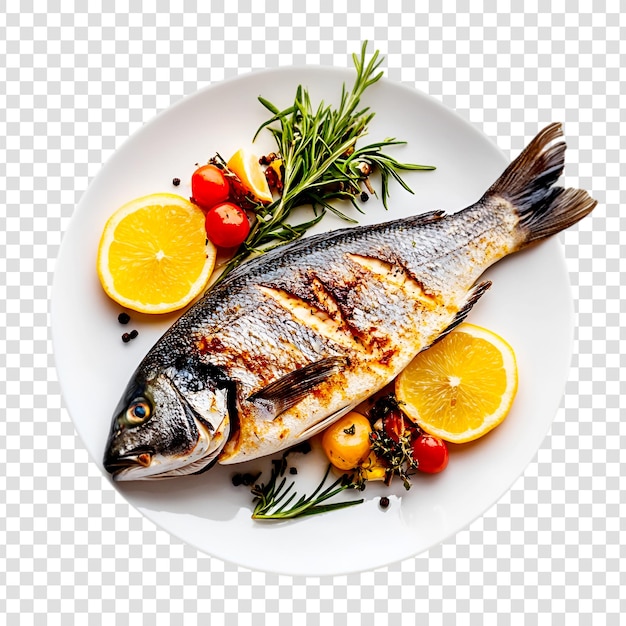 Delicioso peixe grelhado com limão e ervas em um prato branco