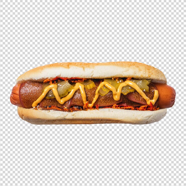 Delicioso perrito caliente con mostaza y cebollas sobre un fondo transparente