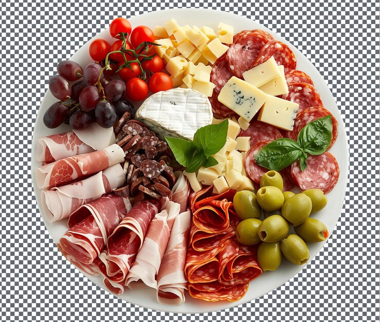 PSD delicioso plato de antipasto talian con carnes variadas y queso aislado sobre un fondo transparente