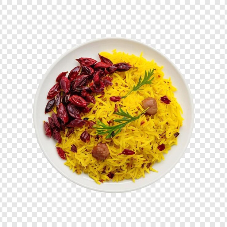 PSD delicioso plato de arroz de azafrán con arándano, perejil y guarnición