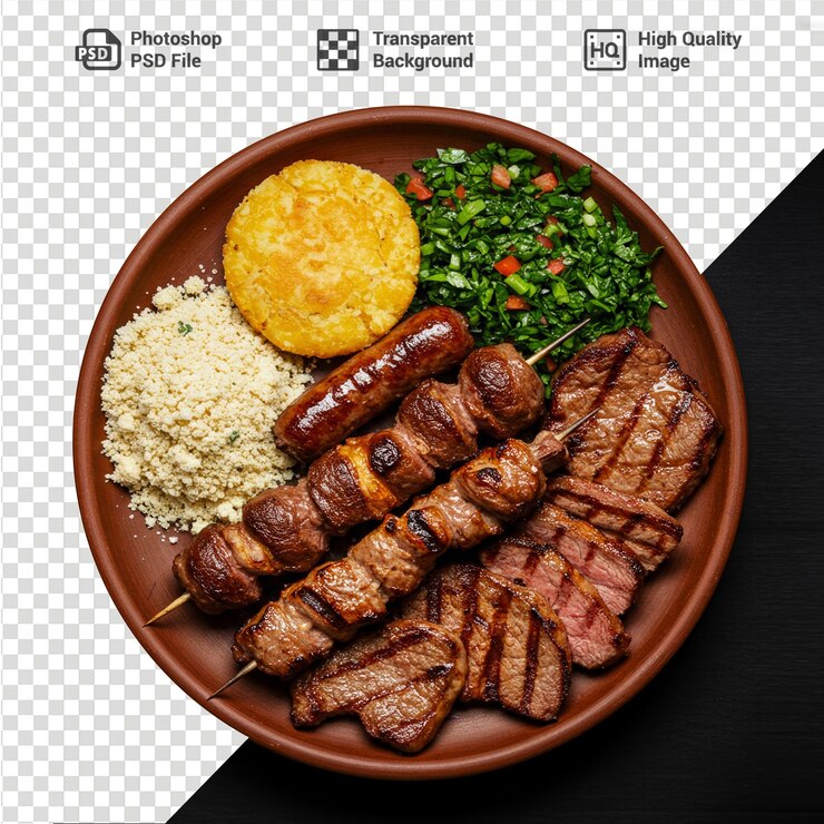 Delicioso plato de barbacoa brasileño con carnes a la parrilla y acompañamientos tradicionales
