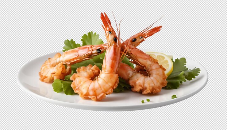 PSD delicioso plato de camarón frito con limón y hierbas