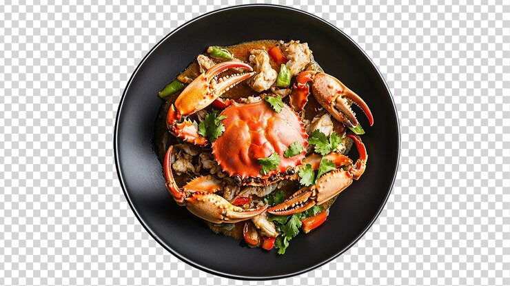 PSD delicioso plato de cangrejo cocido en un plato negro