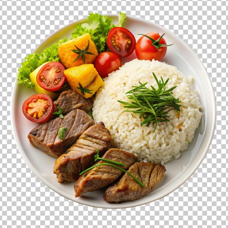 PSD delicioso plato de carne cocida con arroz sobre un fondo transparente