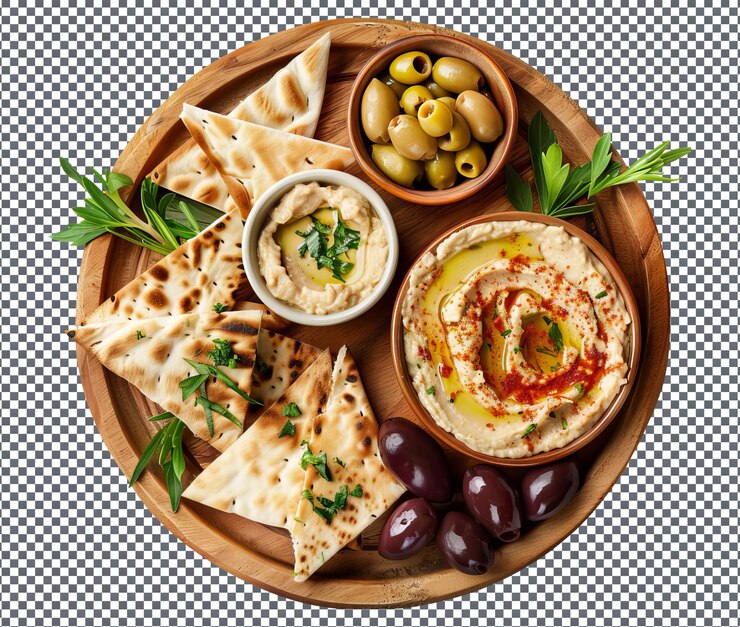PSD un delicioso plato de hummus con pan de pita y aceituna aislados sobre un fondo transparente