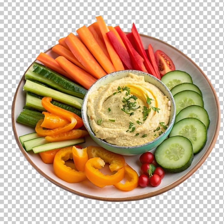 PSD delicioso plato de hummus saludable y verduras sobre un fondo transparente