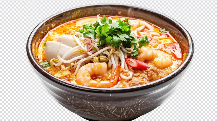 PSD delicioso plato de laksa aislado en fondo blanco para uso culinario