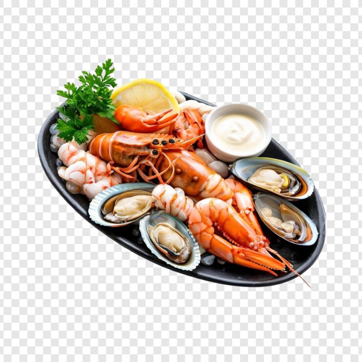PSD delicioso plato de mariscos camarones mejillones almejas salsa de limón
