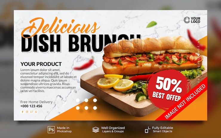 PSD delicioso plato menú de brunch promoción de restaurante publicación en redes sociales plantilla de banner de sitio web