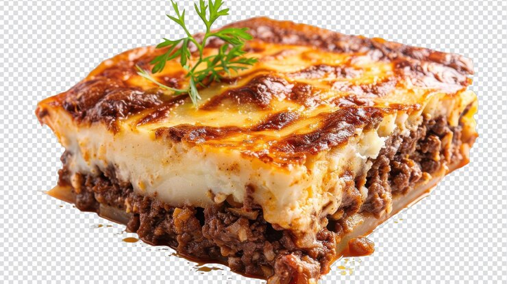 PSD delicioso plato de moussaka aislado sobre un fondo blanco para la presentación culinaria