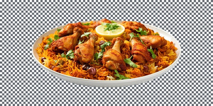 PSD delicioso plato de pollo biryani aislado en un fondo transparente