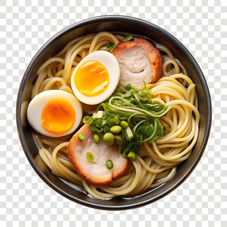 PSD delicioso plato de ramen con fideos, huevo y cerdo.