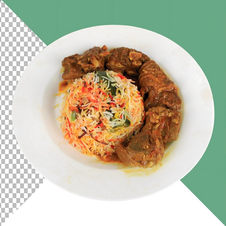 PSD delicioso pollo biryani con arroz y carne en un plato blanco