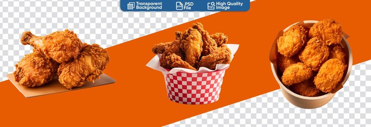 PSD delicioso pollo frito crujiente en un cubo y vista lateral fotografía de comida rápida