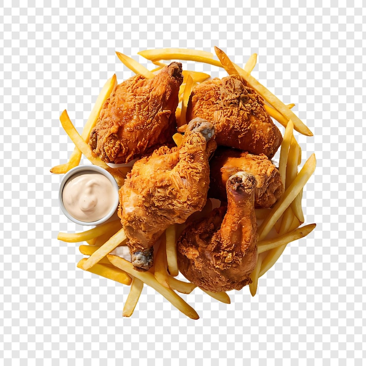 PSD delicioso pollo frito con papas fritas aisladas en un fondo transparente