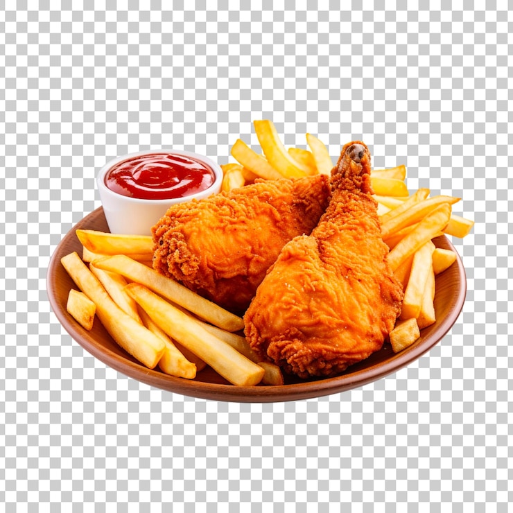 delicioso pollo frito con papas fritas aisladas en un fondo transparente