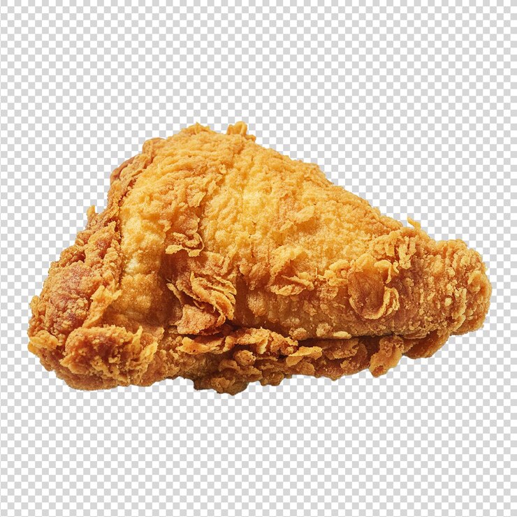 Delicioso pollo frito de pecho crujiente dorado sobre un fondo transparente