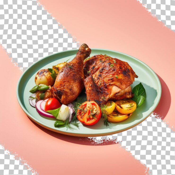 PSD delicioso pollo a la parrilla con verduras en un plato negro sobre un fondo transparente