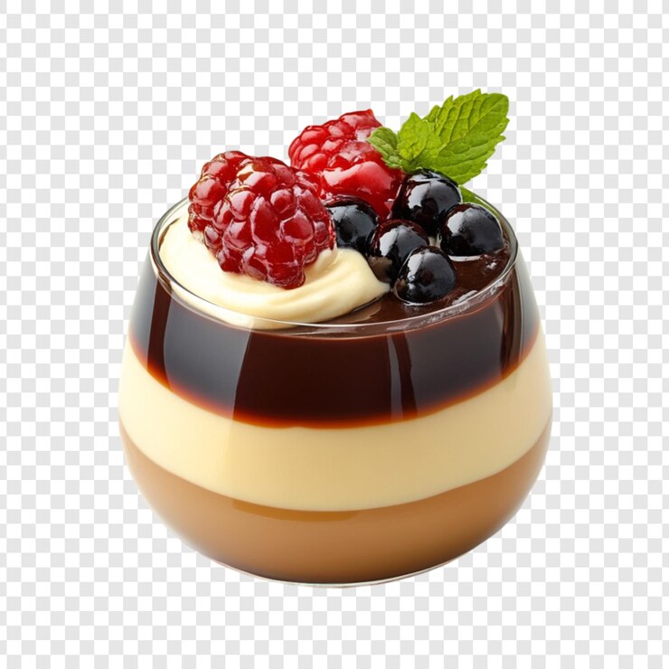 PSD delicioso postre en capas con chocolate y bayas en un vaso