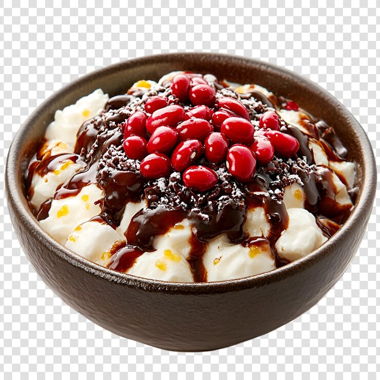 PSD delicioso postre cremoso de base blanca con salsa de chocolate y caramelos rojos