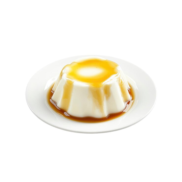 PSD delicioso postre de pudín de caramelo en un plato blanco