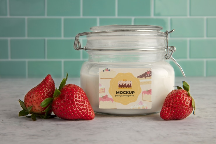 PSD delicioso postre en tarro y arreglo de fresas frescas