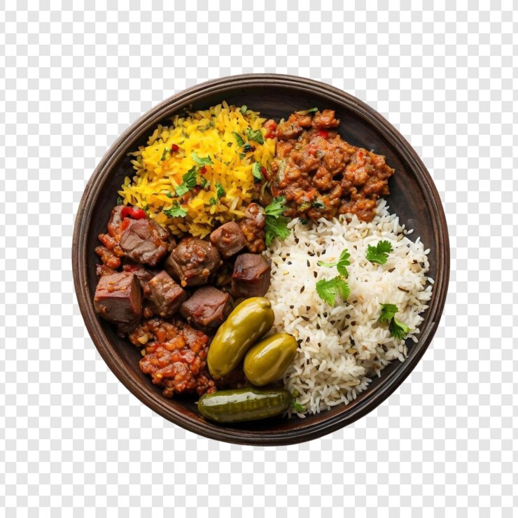 PSD delicioso prato de comida iraniana, arroz, carne, picles e curry