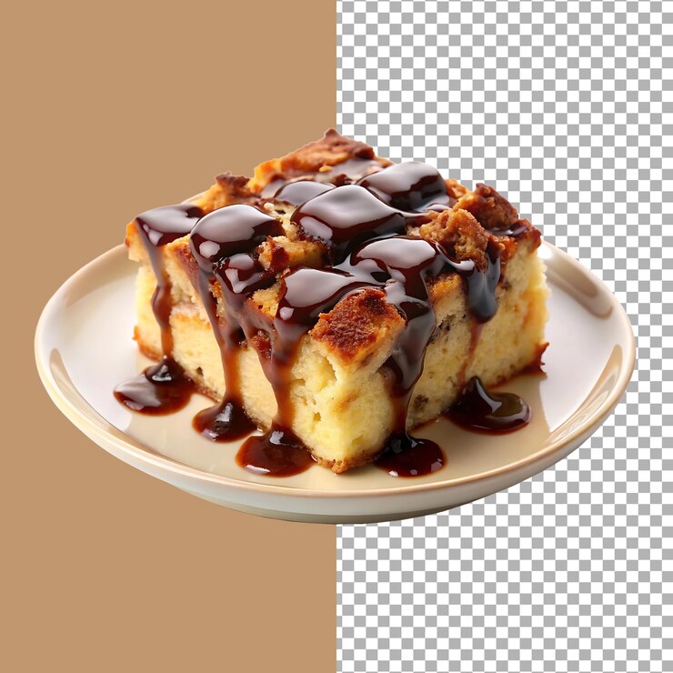 Delicioso pudín de pan con salsa de chocolate