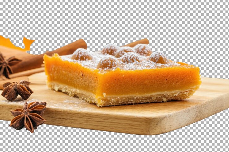 PSD delicioso quarto de sobremesa de abóbora coberto de especiarias em uma tábua de madeira decorada com canela e anis estrela perfeito para reuniões de outono