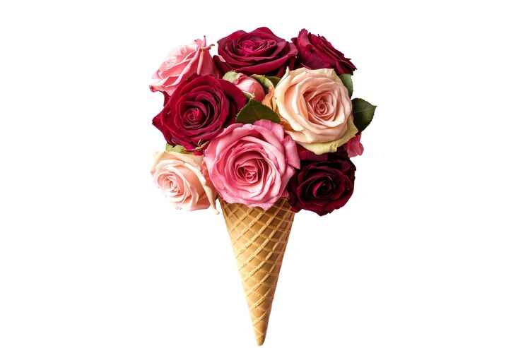 PSD delicioso ramo de rosas en forma de un capricho cono de helado para una dulce celebración