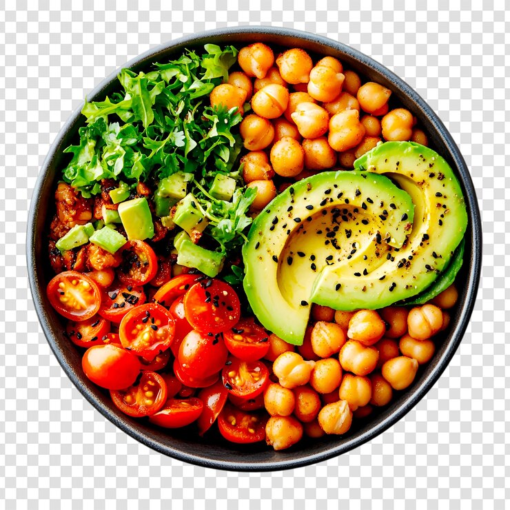PSD delicioso y saludable tazón vegano de garbanzos, aguacate, tomate y verduras.