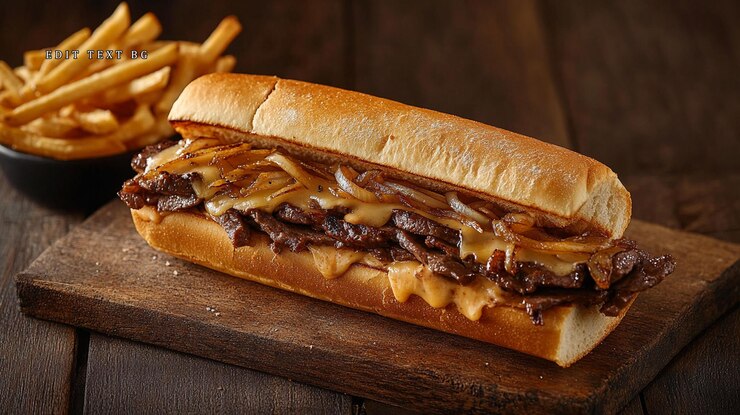 PSD delicioso sándwich de bistec con queso derretido y cebollas caramelizadas servido con papas fritas en una tabla de madera