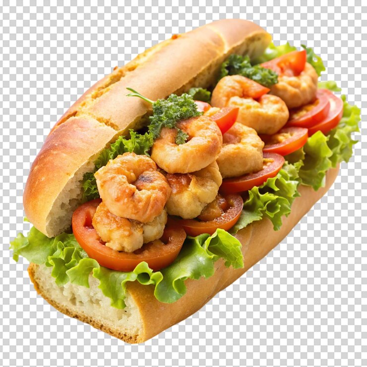 PSD delicioso sándwich de camarón po boy con fondo blanco aislado