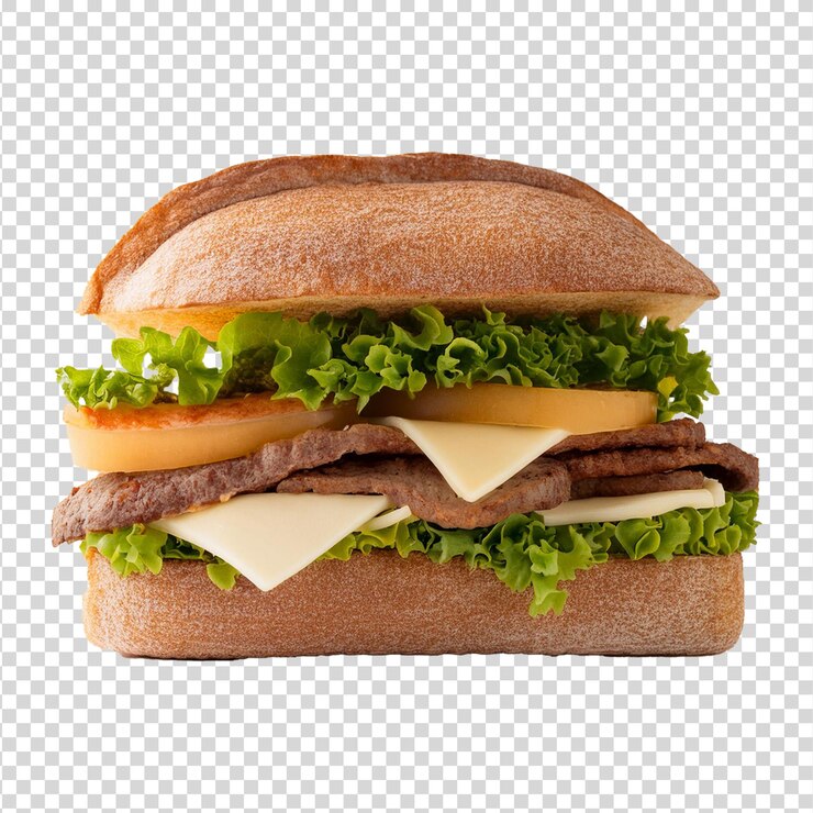 Delicioso sándwich de carne de res con queso sobre un fondo transparente