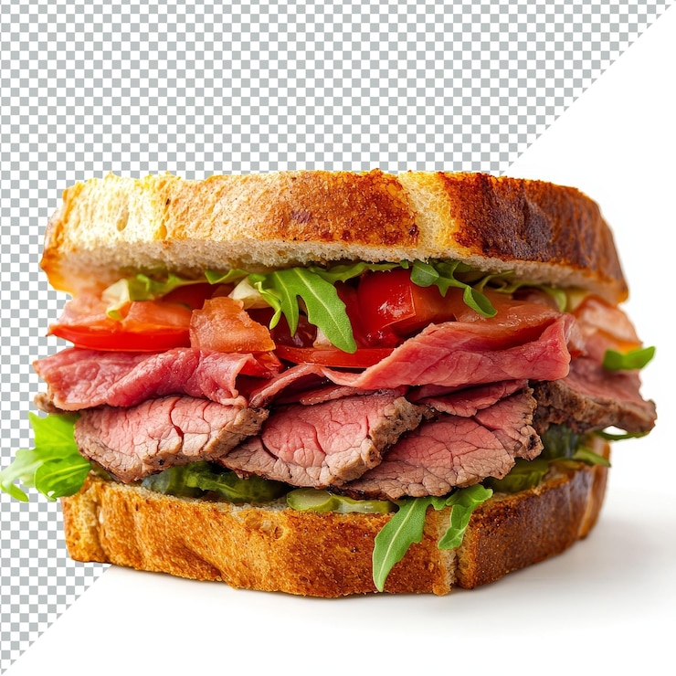 PSD delicioso sándwich de rebanadas de carne asada en capas con verduras frescas sobre un fondo blanco sándwich isolado de rebanada de carne asado sobre un fondo branco
