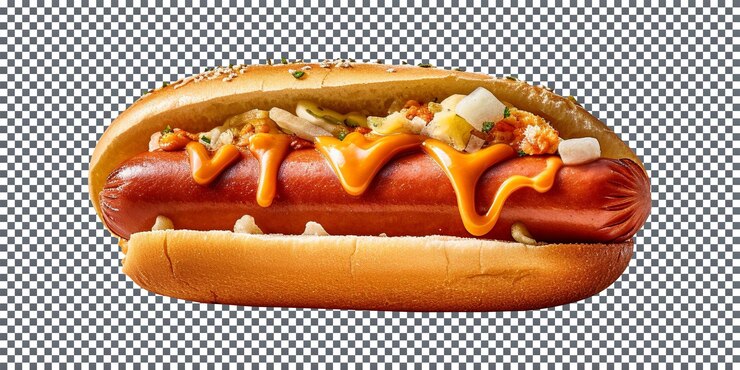 PSD delicioso sándwich de salchicha con salsas y rodajas de verduras sobre fondo transparente