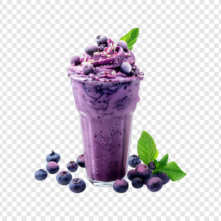 PSD delicioso smoothie de mirtilos com bagas frescas e menta sobre um fundo transparente