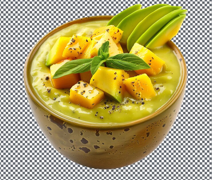 PSD delicioso sopa de mango y coco fría aislada sobre un fondo transparente