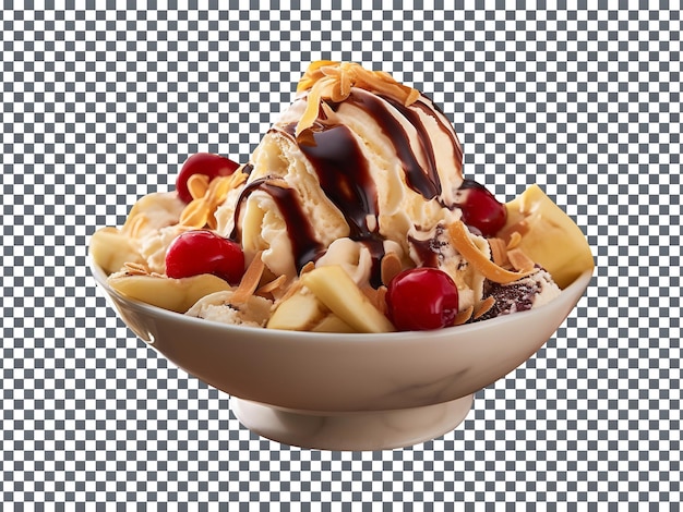 PSD delicioso sorvete de banana split isolado em fundo transparente