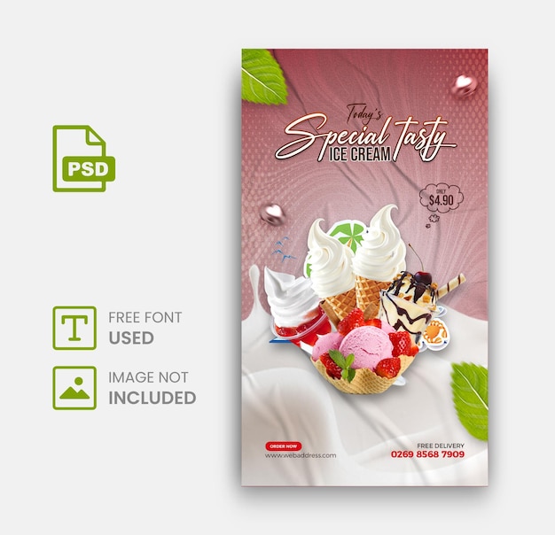 PSD delicioso sorvete especial mídia social banner post modelo de design premium psd