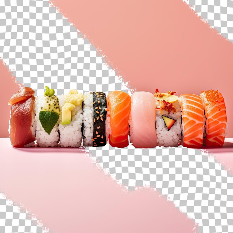PSD delicioso sushi con variedad exhibido sobre un fondo transparente