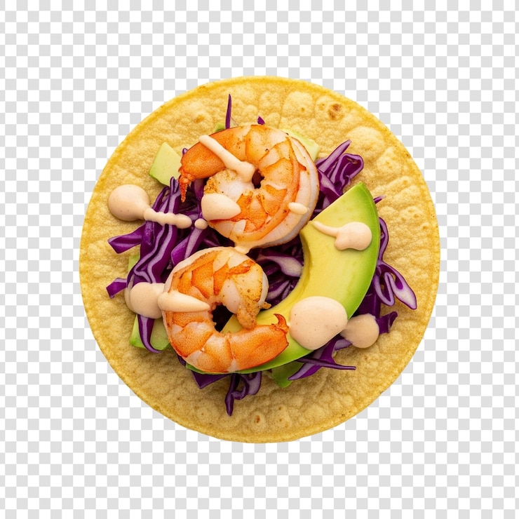 PSD delicioso taco de camarón con aguacate y repollo púrpura