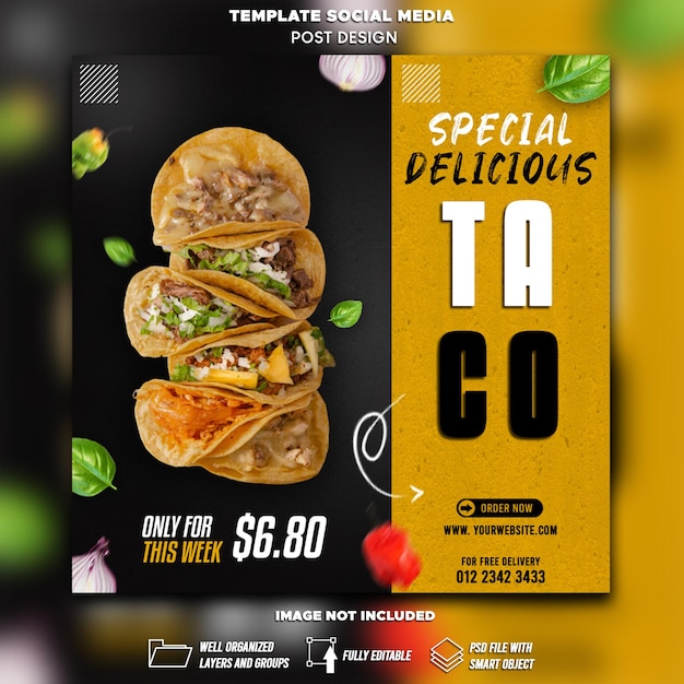 PSD delicioso taco e menu de comida instagram e modelo de postagem no facebook