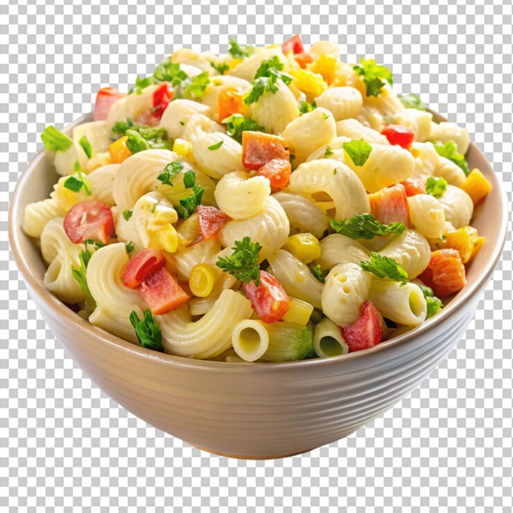 PSD un delicioso tazón de ensalada de pasta de macarrones hawaiana sobre un fondo transparente